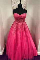 Hot Pink Floral Lace Sweetheart A-Line Prom Dress