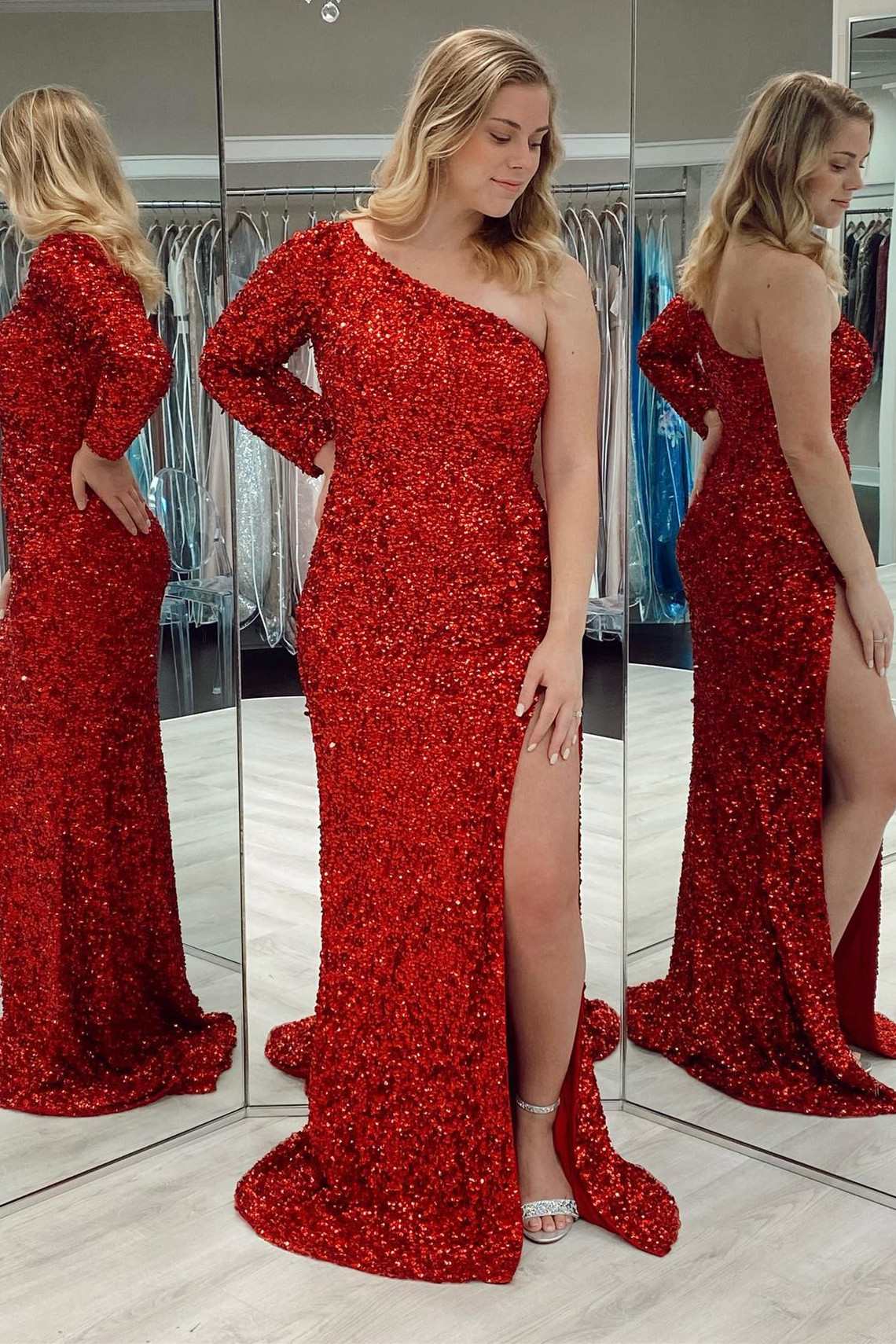 Red Sequin One-Sleeve Mermaid Long Prom Dress with Slit