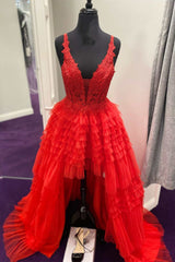 High-Low Red Lace Plunge V Tiered Prom Dress with Ruffles