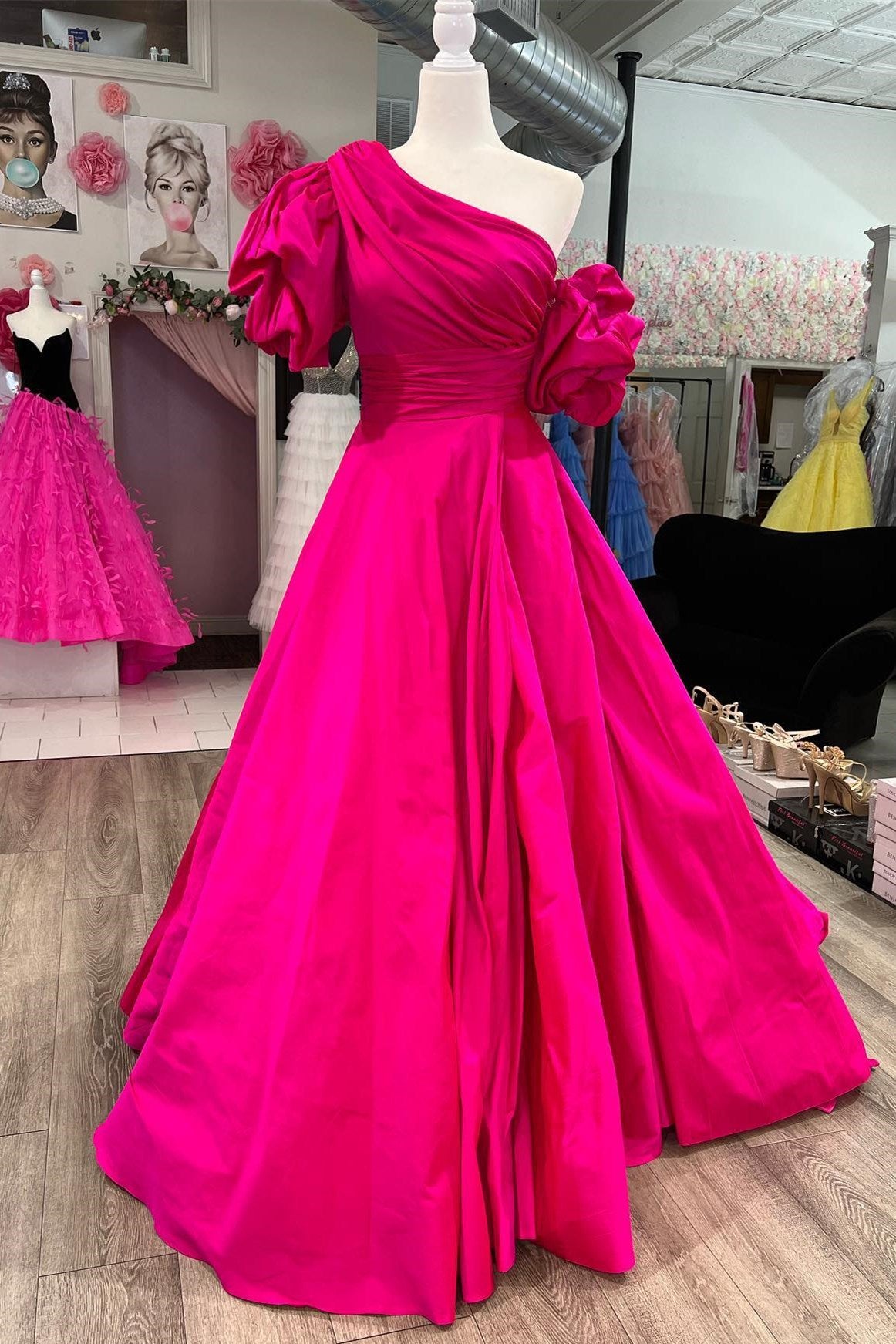 Fuchsia One-Shoulder A-Line Long Prom Dress with Puff Sleeves