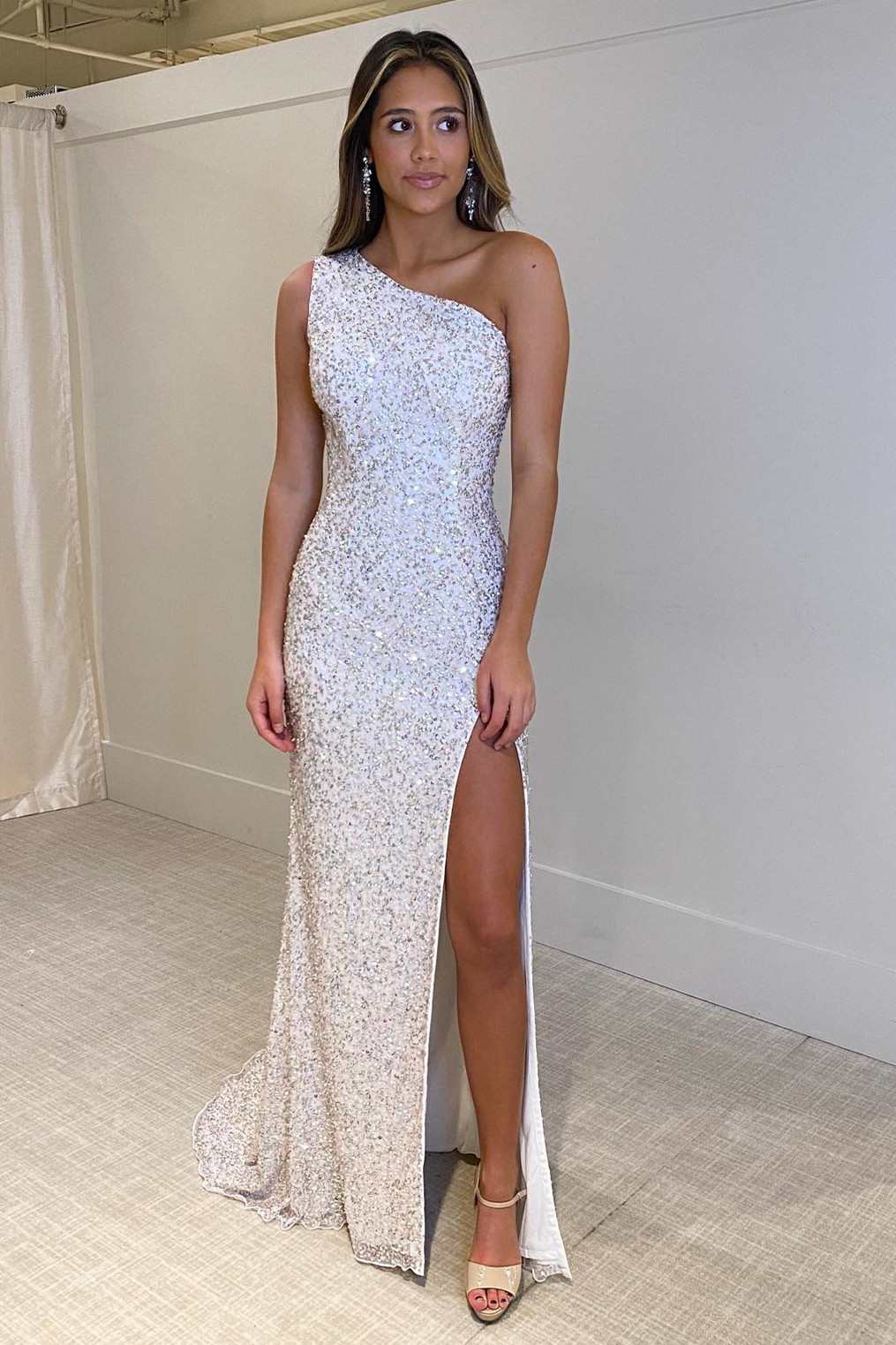 Silver Sequin One-Shoulder Lace-Up Mermaid Long Formal Dress with Slit