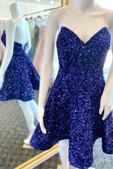 Blue Sequin Strapless Lace-Up A-Line Short Homecoming Dress