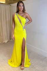 One-Shoulder Yellow Rhinestones Keyhole Mermaid Long Prom Dress with Slit