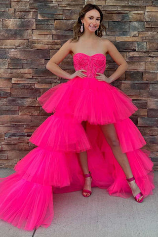 Hot Pink Strapless Lace-Up Back Tulle Layers Lace Hi-Low Prom Gown