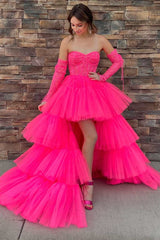 Hot Pink Strapless Lace-Up Back Tulle Layers Lace Hi-Low Prom Gown