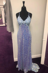 Periwinkle Sequin Lace V-Neck Mermaid Long Prom Dress