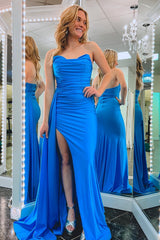 Strapless Mermaid Long Prom Dress with Slit and Attached Train