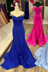 Royal Blue Beaded Off-the-Shoulder Mermaid Long Prom Dress