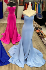 Royal Blue Beaded Off-the-Shoulder Mermaid Long Prom Dress