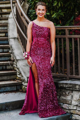 One-Shoulder Red Sequins Mermaid Long Prom Dress with Slit