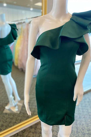 Grünes, figurbetontes Cocktailkleid mit One-Shoulder-Rüschen