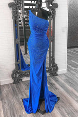 Blue Beaded One-Shoulder Mermaid Long Prom Dress with Slit