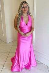 Barbie Pink Halter Tie-Back Mermaid Long Formal Dress