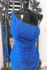 Blue Beaded One-Shoulder Mermaid Long Prom Dress with Slit