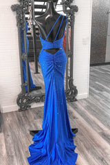 Blue Beaded One-Shoulder Mermaid Long Prom Dress with Slit