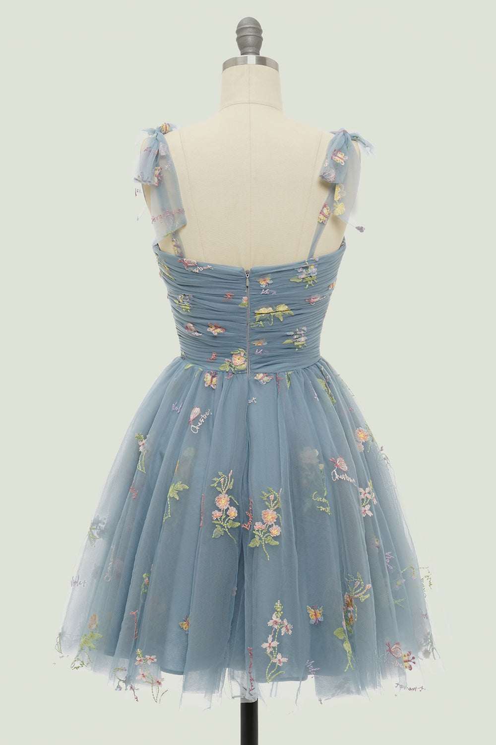 Grey Floral Embroidery Tie-Strap A-Line Homecoming Dress
