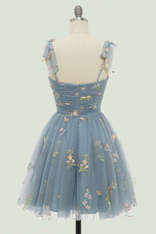 Grey Floral Embroidery Tie-Strap A-Line Homecoming Dress