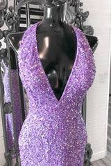 Purple Sequin Halter Mermaid Long Prom Dress with Slit