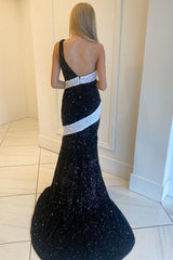 One-Shoulder Black and White Sequin Mermaid Long Prom Dress