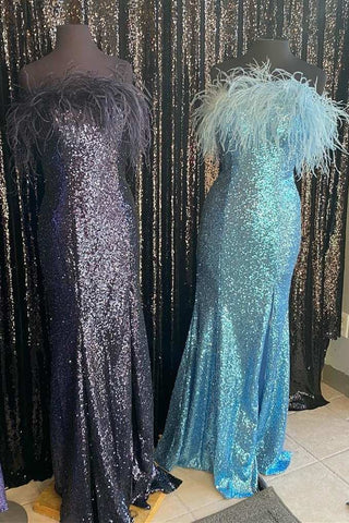 Mermaid Sequins Strapless Long Prom Gown with Feathers and Slit