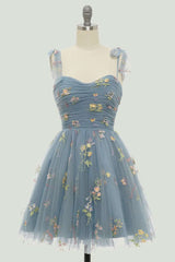 Grey Floral Embroidery Tie-Strap A-Line Homecoming Dress