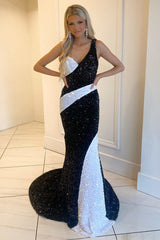 One-Shoulder Black and White Sequin Mermaid Long Prom Dress