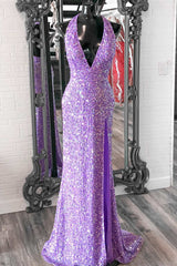 Purple Sequin Halter Mermaid Long Prom Dress with Slit