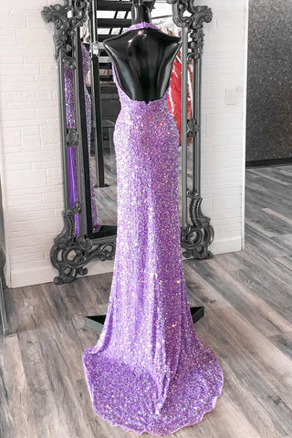 Purple Sequin Halter Mermaid Long Prom Dress with Slit