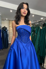 Royal Blue A-line Strapless Beaded Appliques Satin Long Prom Dress