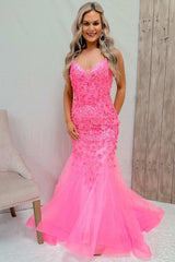 Pink V Neck Trumpet Tulle Lace-Up Back Applique Long Prom Dress