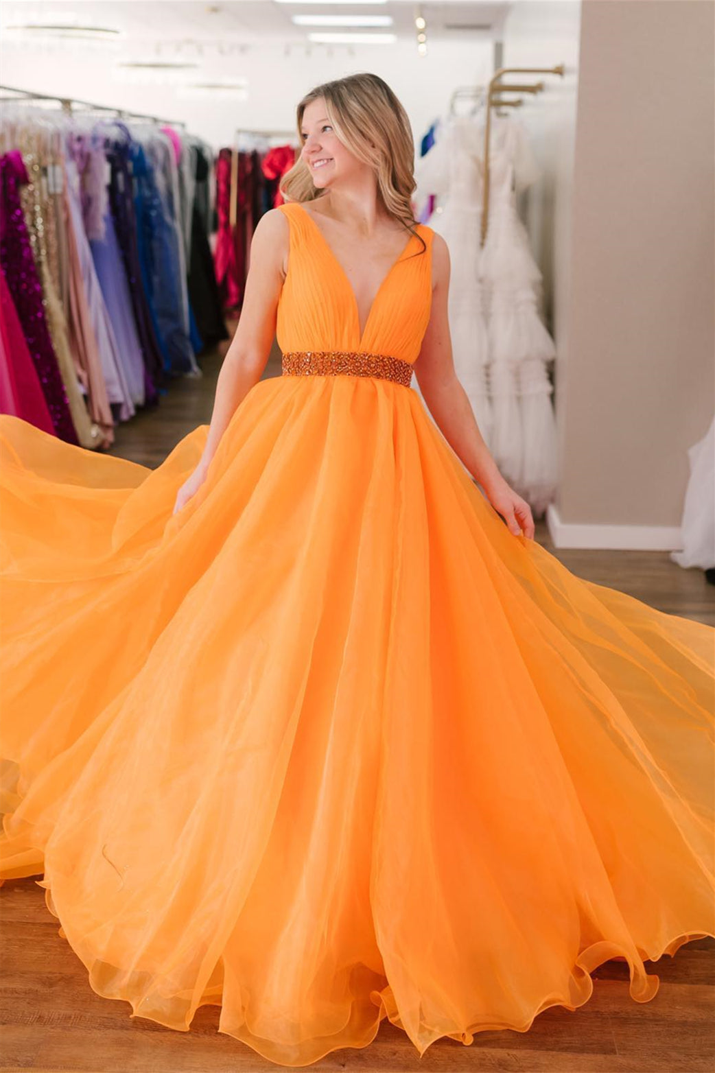 A-line Plunging V Neck Organza Long Prom Gown with Beaded Sash