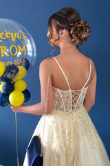 Light Yellow Boning V Neck Beaded Applique Lace-Up Long Prom Dress