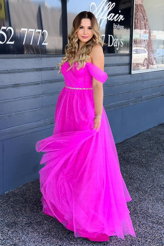 Fuchsia Off-the-Shoulder Sweetheart Beaded Pleated Tulle Long Prom Dress