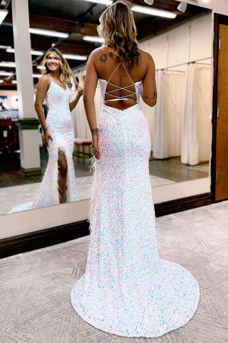 Sequin V-Neck Mermaid Long Prom Dress with Feather-Trimmed Slit