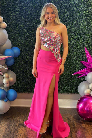 Hot Pink Cut Glass Mirror One-Shoulder Cutout Long Prom Dress with Slit