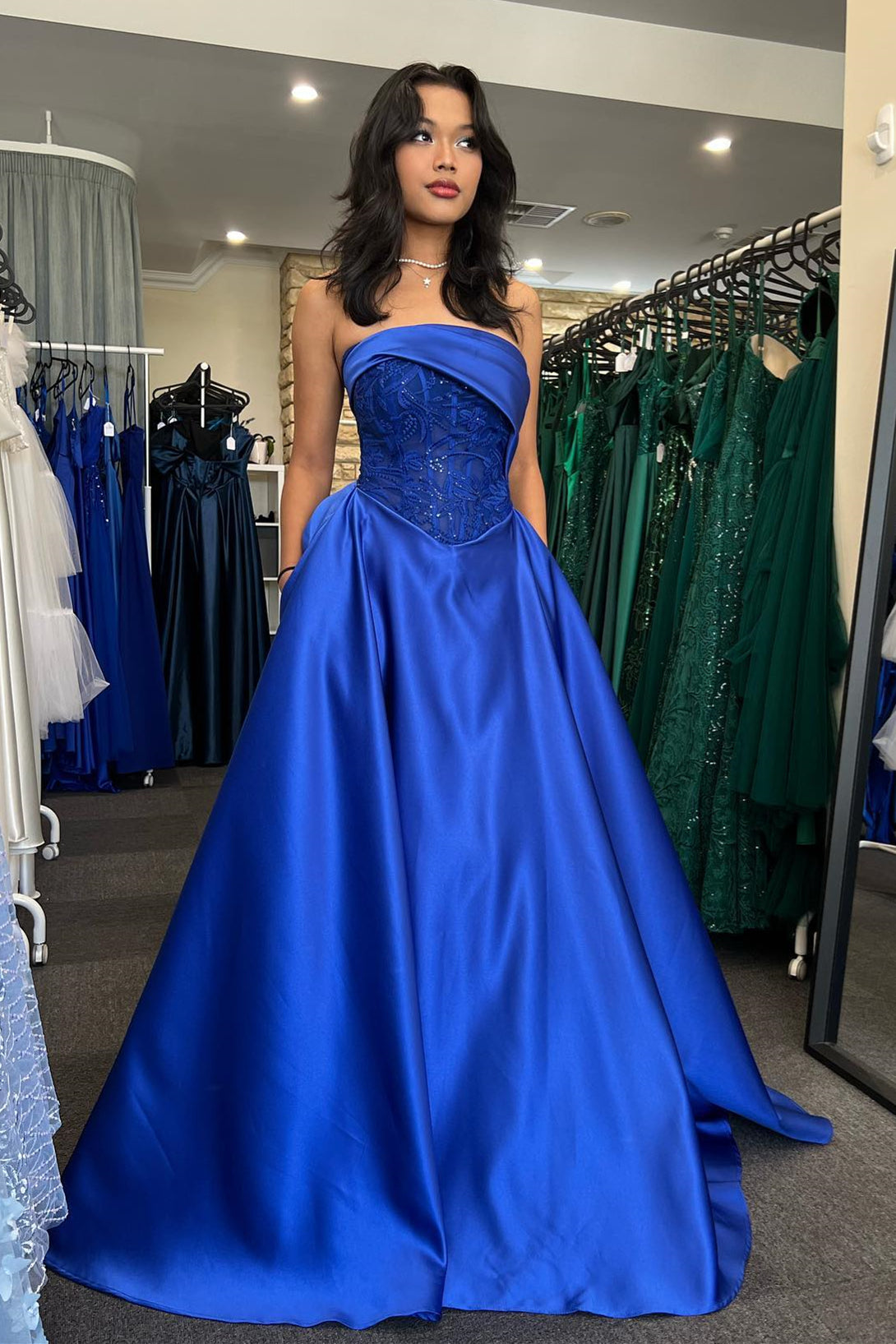 Royal Blue A-line Strapless Beaded Appliques Satin Long Prom Dress