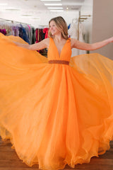 A-line Plunging V Neck Organza Long Prom Gown with Beaded Sash