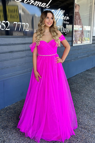 Fuchsia Off-the-Shoulder Sweetheart Beaded Pleated Tulle Long Prom Dress