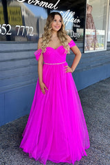 Fuchsia Off-the-Shoulder Sweetheart Beaded Pleated Tulle Long Prom Dress