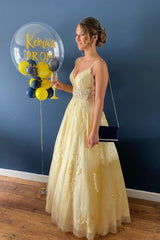 Light Yellow Boning V Neck Beaded Applique Lace-Up Long Prom Dress