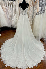 White Floral Lace Spaghetti Straps A-Line Wedding Gown