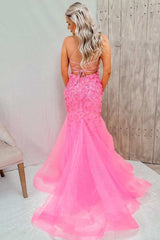 Pink V Neck Trumpet Tulle Lace-Up Back Applique Long Prom Dress