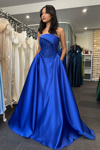 Royal Blue A-line Strapless Beaded Appliques Satin Long Prom Dress