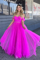 Fuchsia Off-the-Shoulder Sweetheart Beaded Pleated Tulle Long Prom Dress