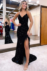 Sequin V-Neck Mermaid Long Prom Dress with Feather-Trimmed Slit