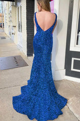 Light Blue Iridescent Sequin Open Back Trumpet Long Formal Dress