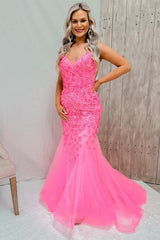 Pink V Neck Trumpet Tulle Lace-Up Back Applique Long Prom Dress