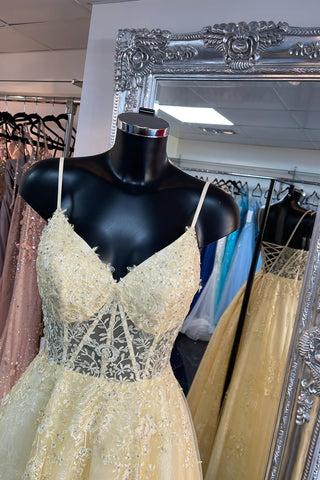 Light Yellow Boning V Neck Beaded Applique Lace-Up Long Prom Dress