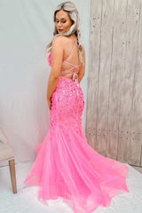 Pink V Neck Trumpet Tulle Lace-Up Back Applique Long Prom Dress