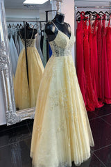 Light Yellow Boning V Neck Beaded Applique Lace-Up Long Prom Dress